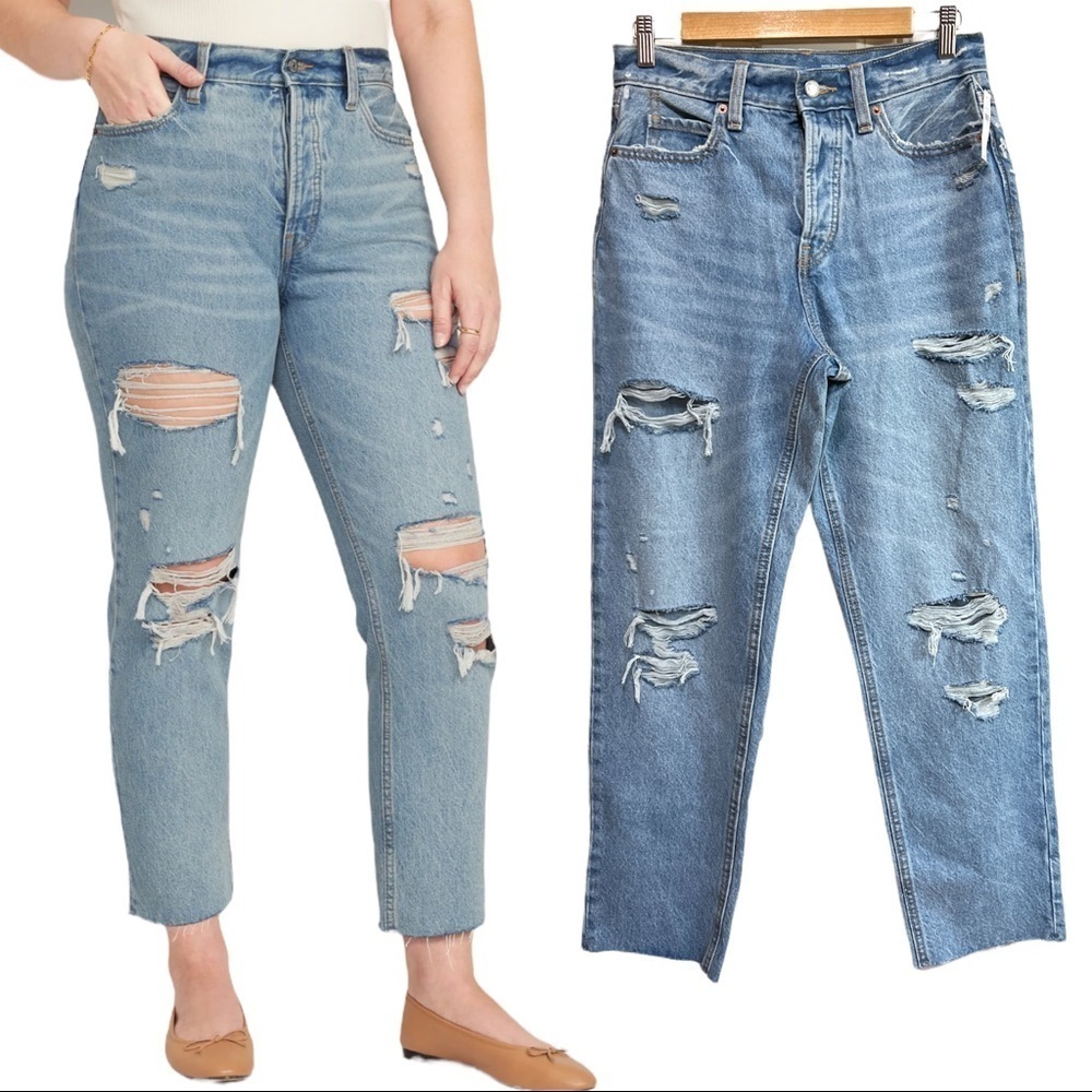 OLD NAVY Extra High Rise Button-Fly Sky-HiStraight Ripped Raw Hem Jeans Size 2.